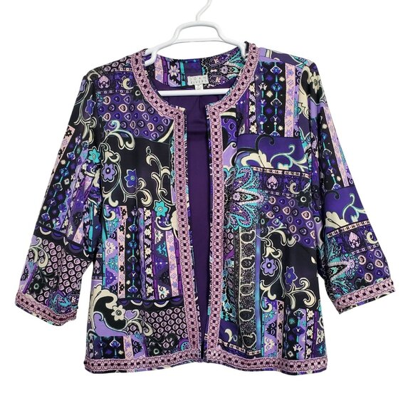 Joan Rivers Size 2X Jacket Collarless Open Floral Lace Trim Jersey Knit Lined - Picture 2 of 10